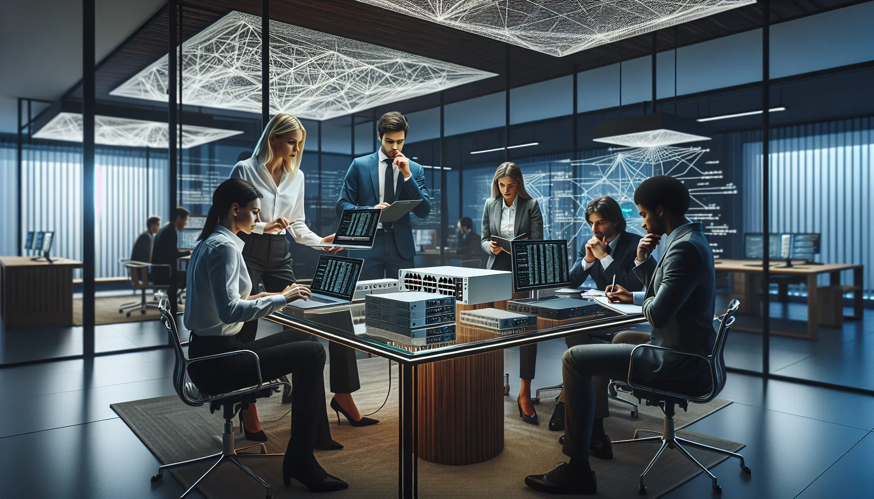IT team troubleshooting network issues in a modern office.