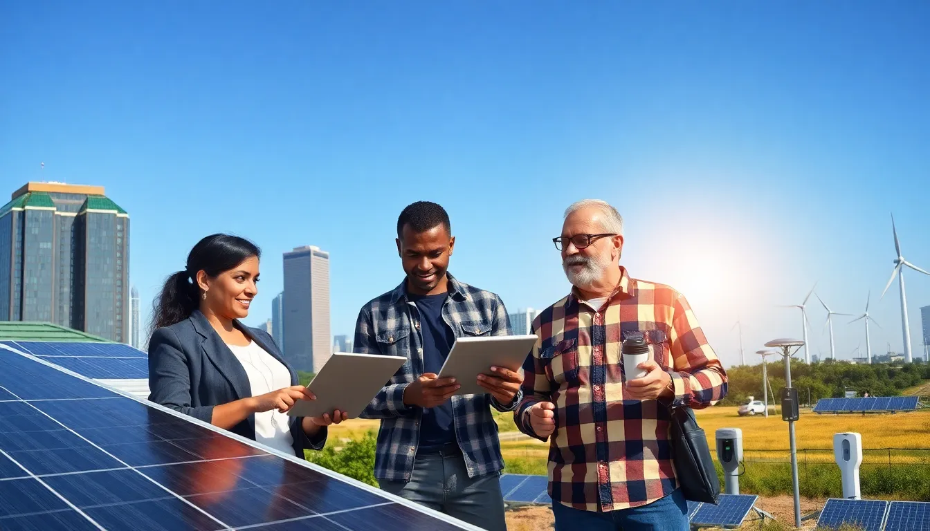 a diverse group discussing solar energy solutions in an urban setting.