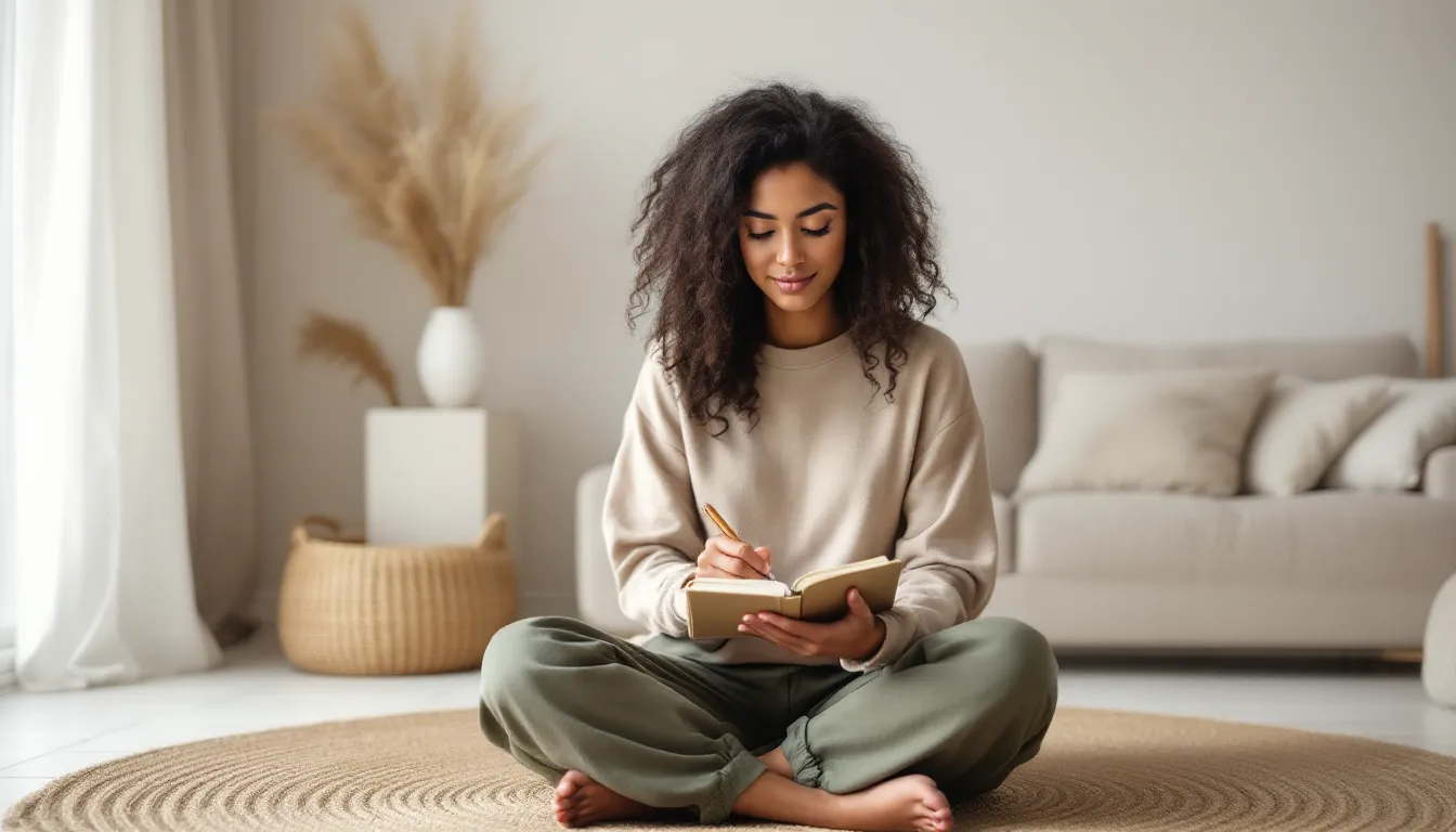 Woman journaling on the floor of a sunlit minimalist living room.