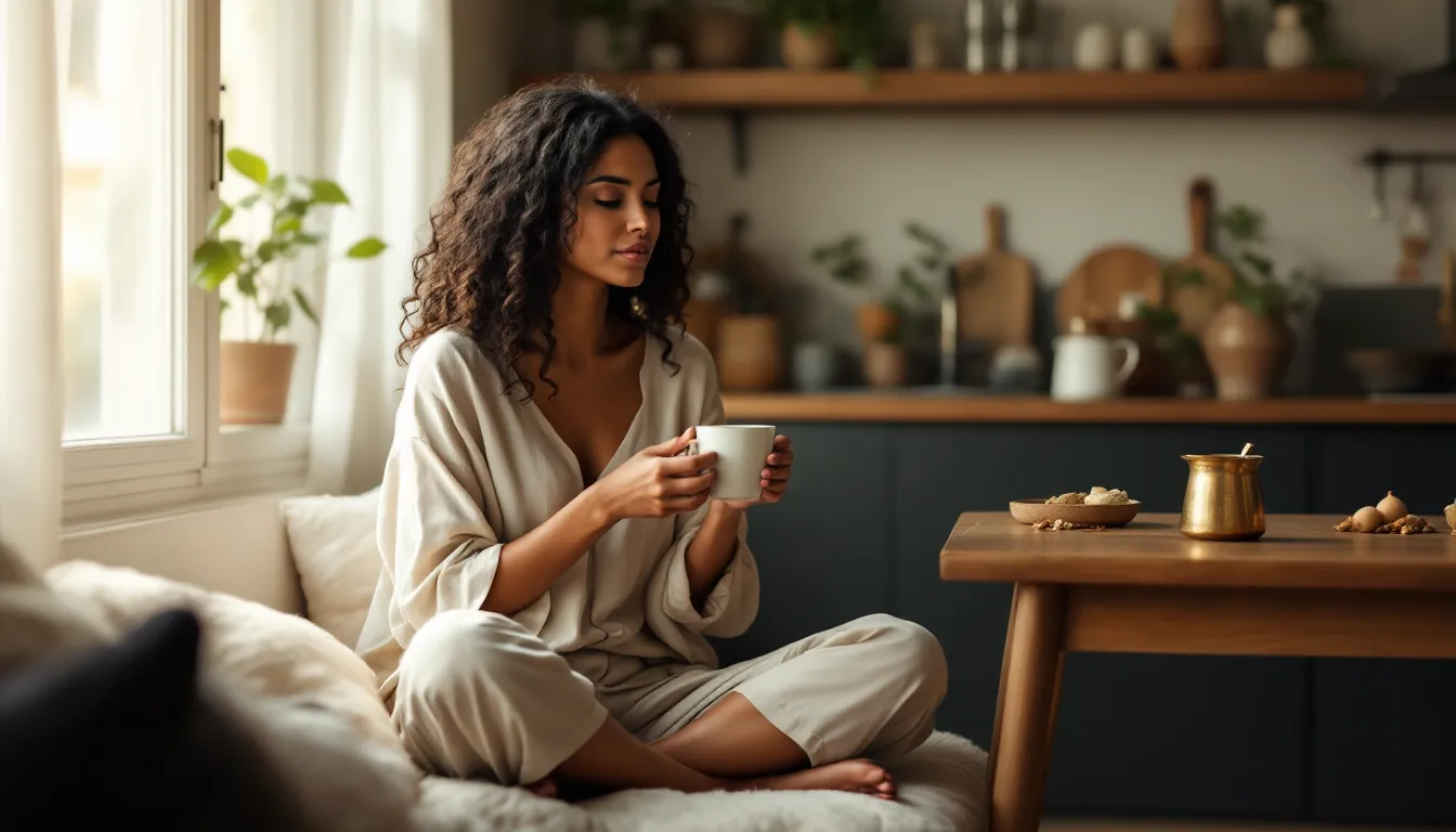 Woman sitting peacefully with warm golden milk in a sunlit kitchen.