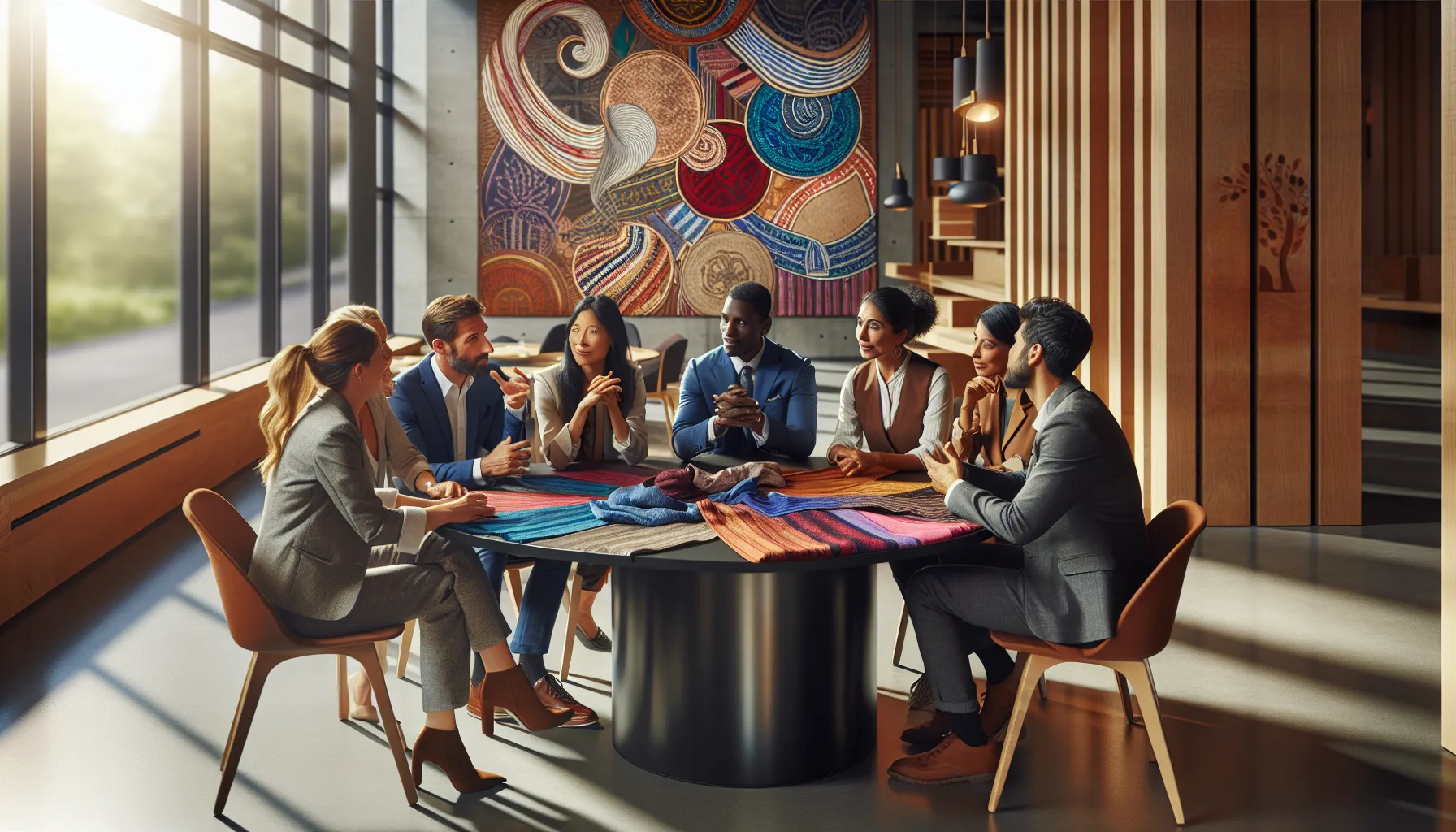 diverse professionals discussing community values in a modern center.