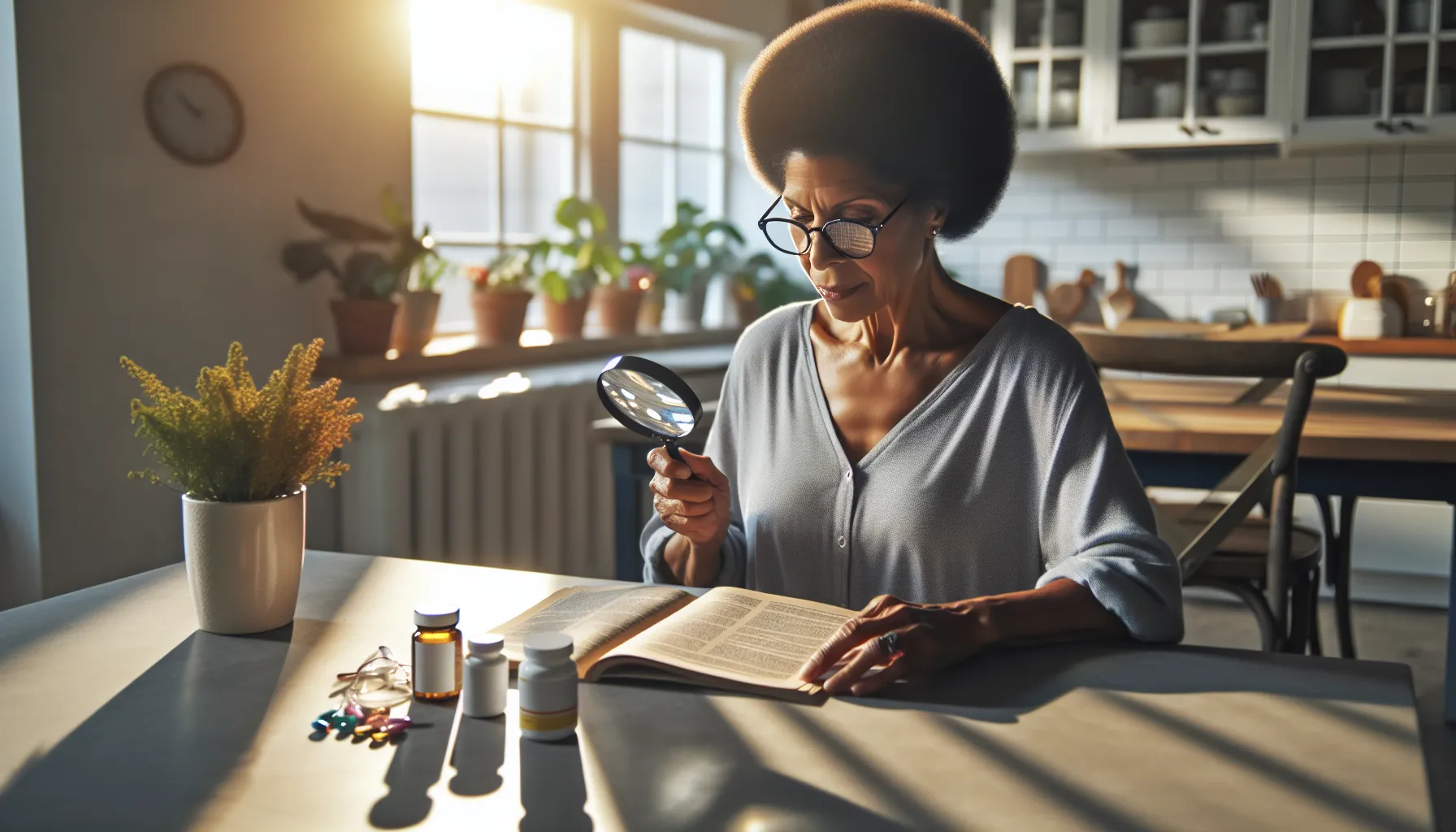 A woman reading with magnifiers and nutritional supplements in her kitchen.