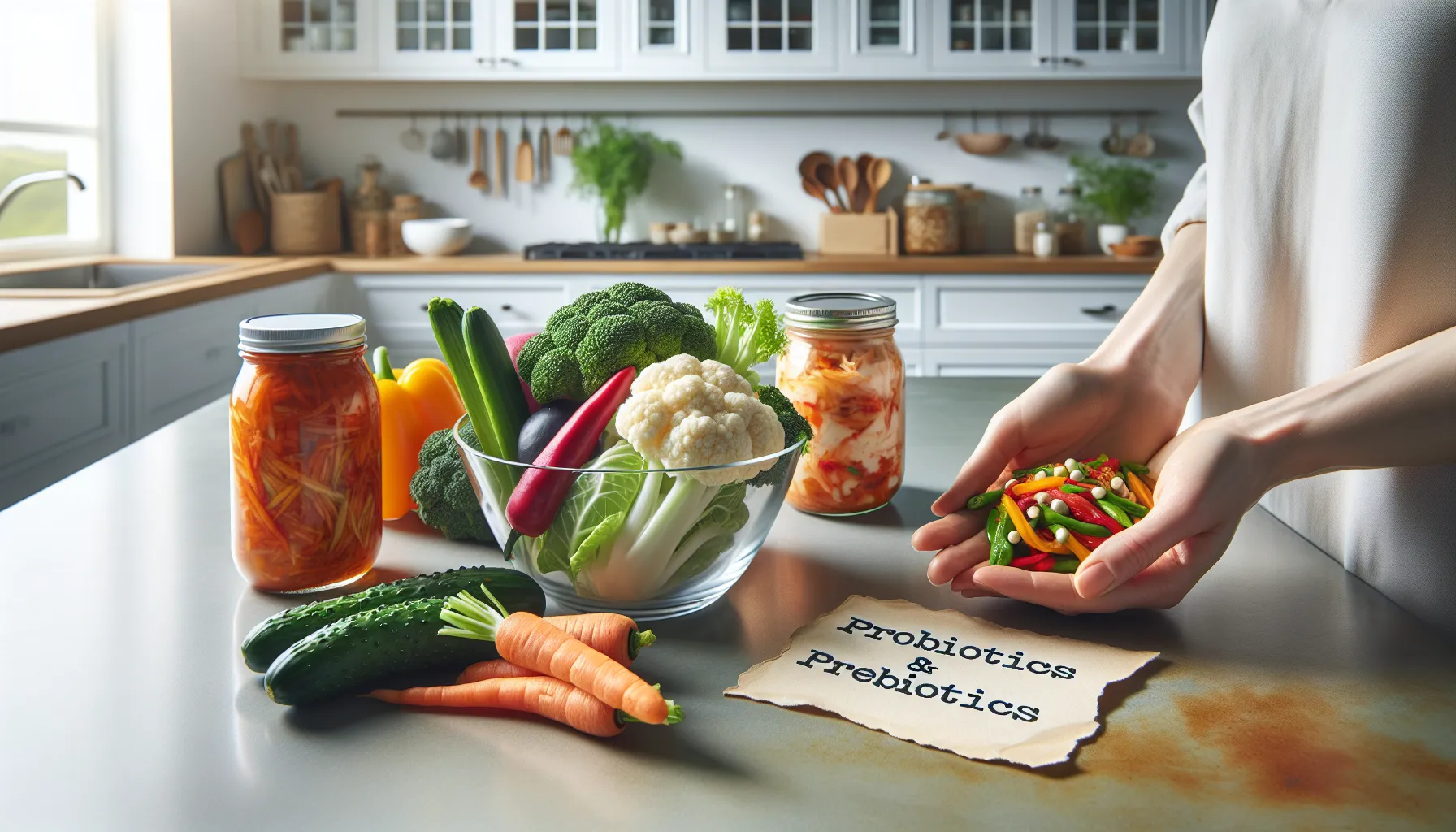 Fresh vegetables and fermented foods represent probiotics and prebiotics in a bright kitchen.