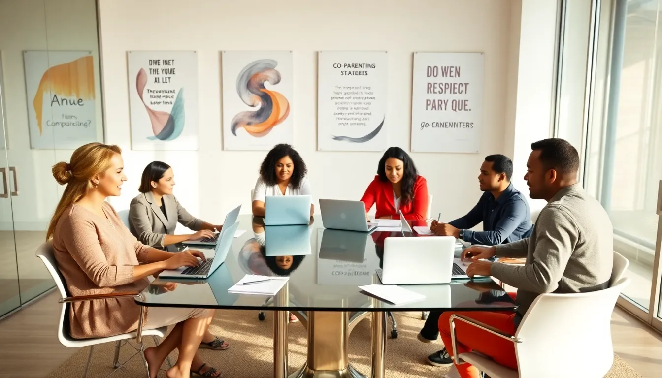 diverse group participating in a co-parenting class in a modern meeting room.
