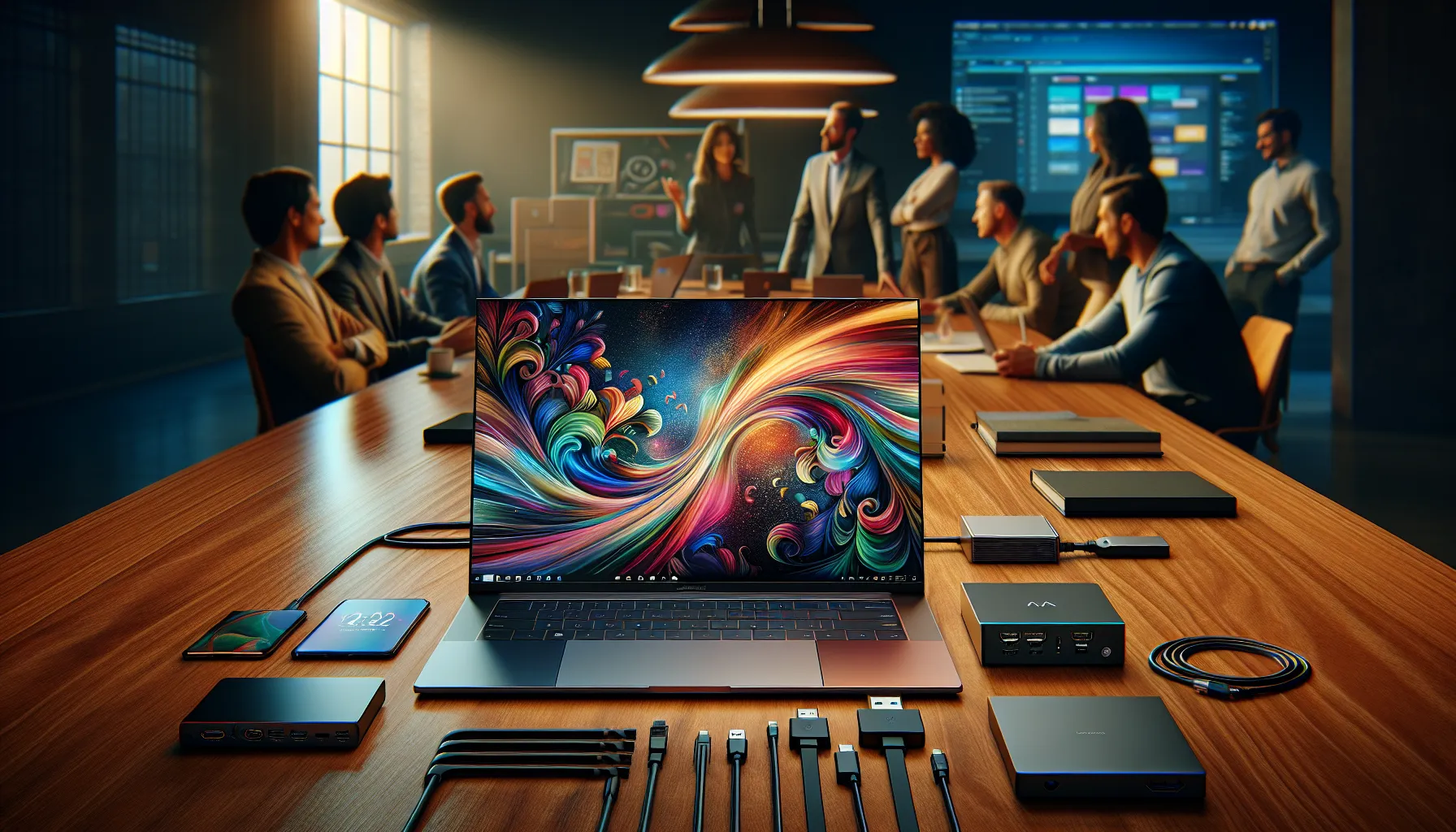 A laptop on a desk with peripherals and professionals discussing in the background.