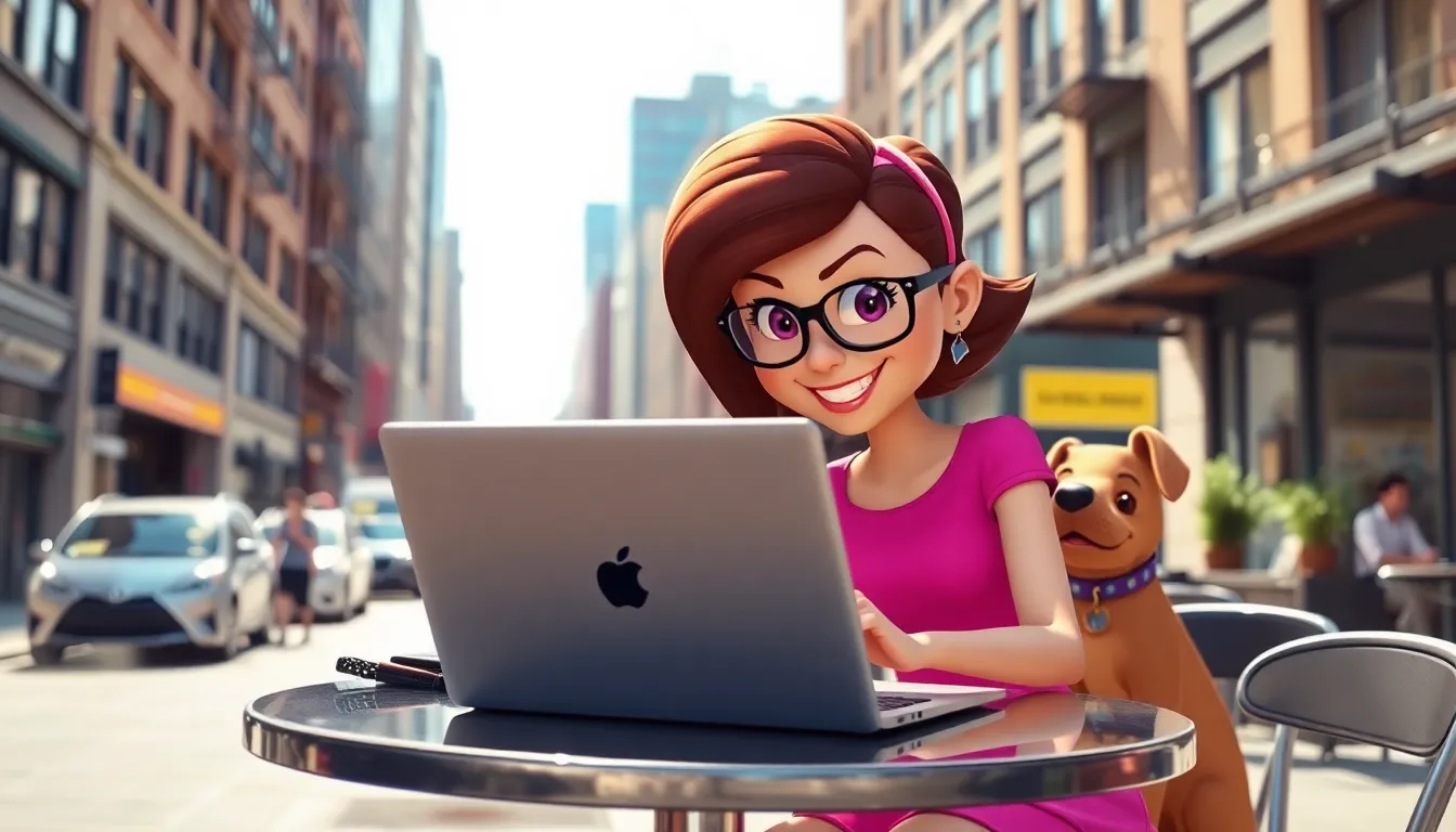 Penny from Inspector Gadget using a laptop in a sunny urban café.