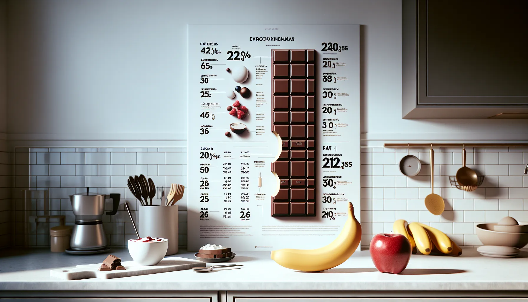 Kinder Bueno bar next to fruit and yogurt with nutrition table.