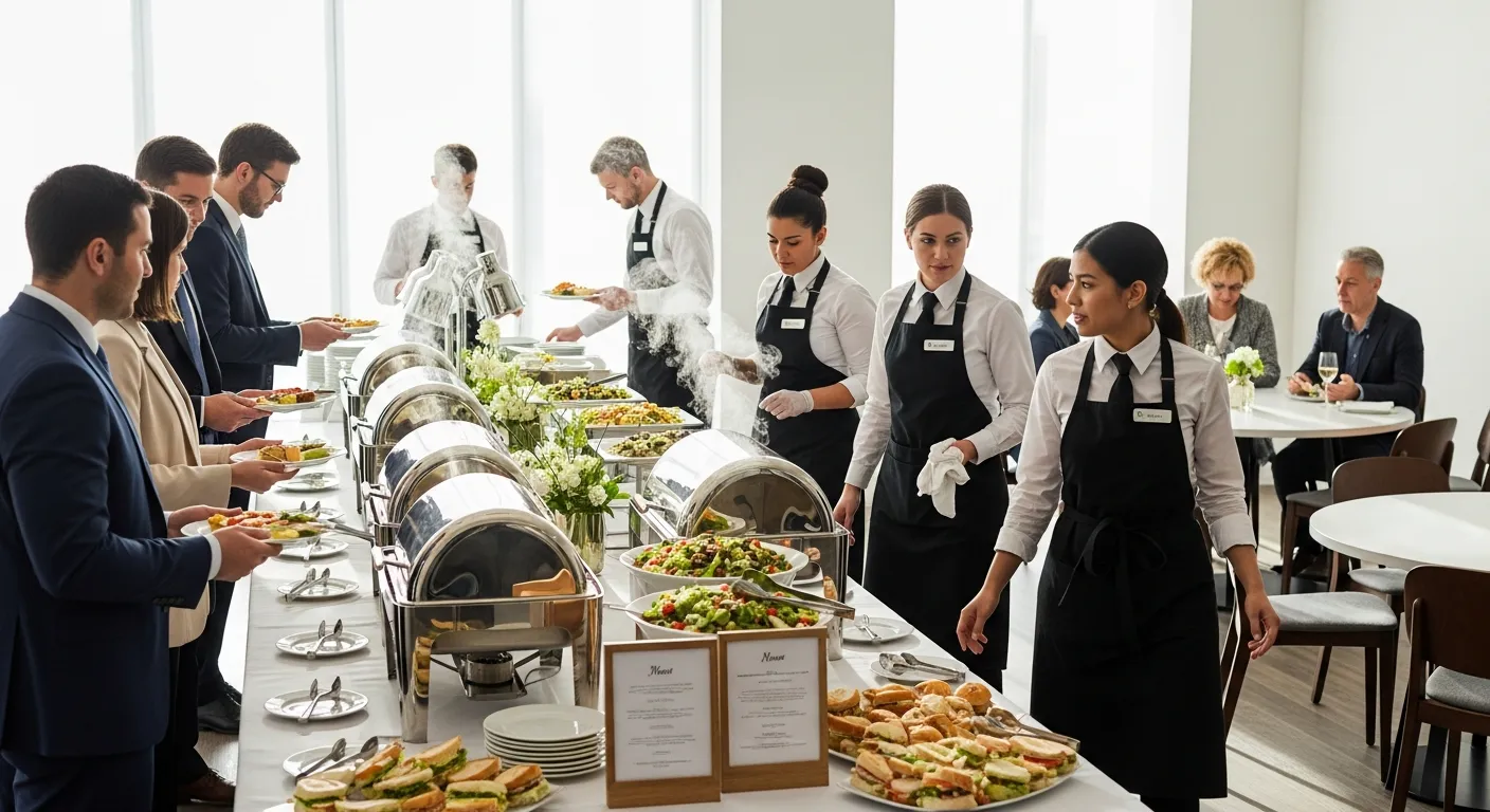 Professional catering staff managing a polished buffet lunch at a modern corporate event.