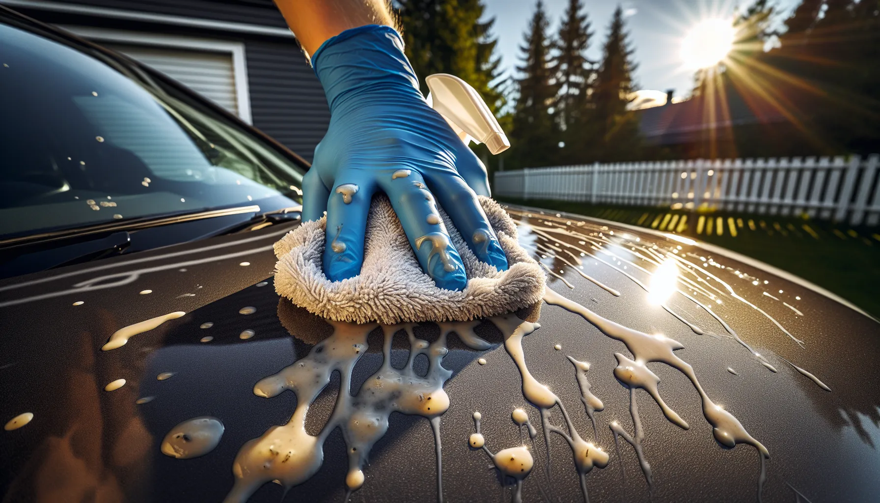Close-up of bird droppings etching heated car paint under strong sunlight.