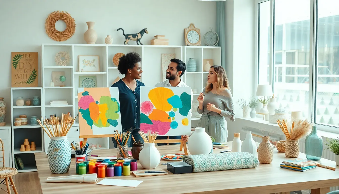 diverse group creating DIY craft projects in a sunny craft room.