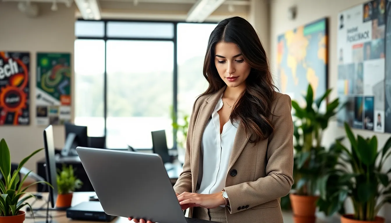 Rebecca Applewhite in a modern Silicon Valley office, focused on her laptop.