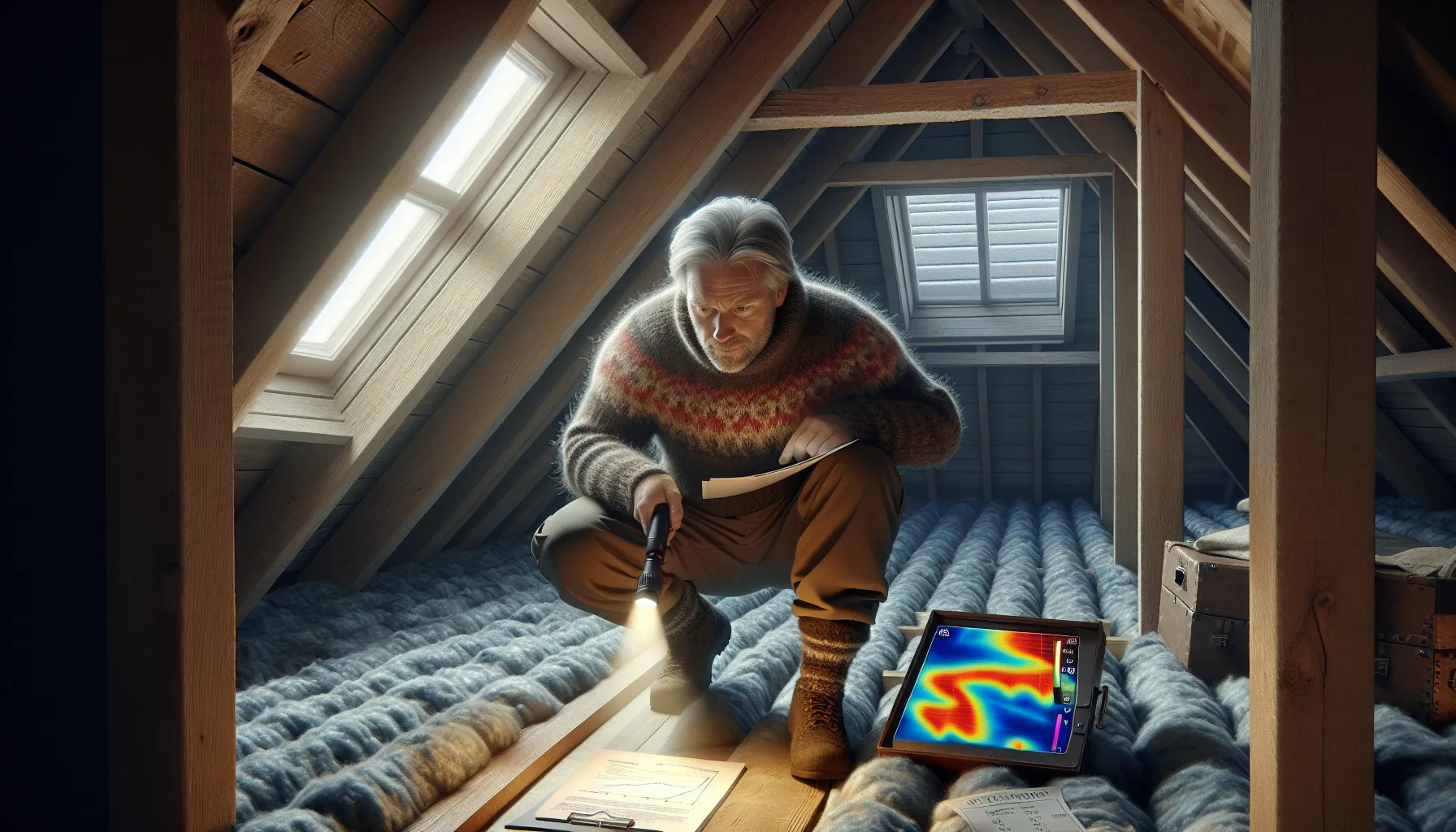 Hvordan velge riktig isolasjon for å redusere energikostnader i norske hjem 3 Homeowner inspecting attic insulation and drafts to cut energy costs in norway.