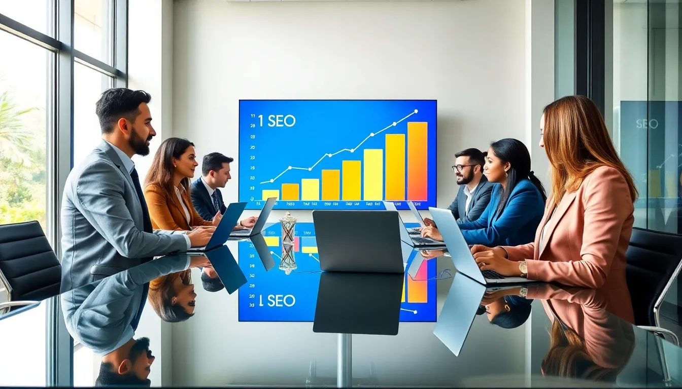 diverse professionals in a modern office discussing SEO strategies.