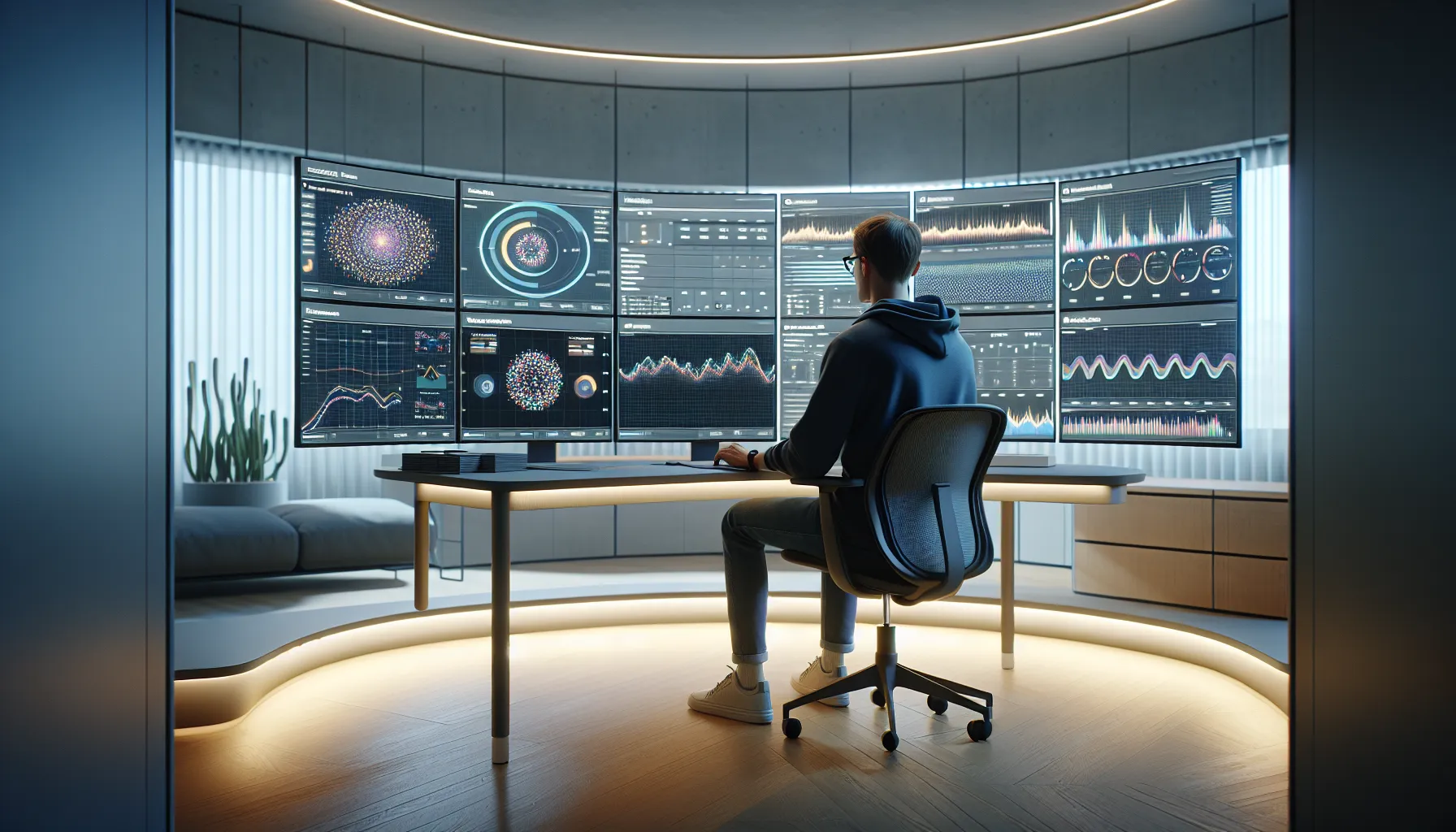 Norwegian data engineer monitors ai and big data dashboards in a modern control room.