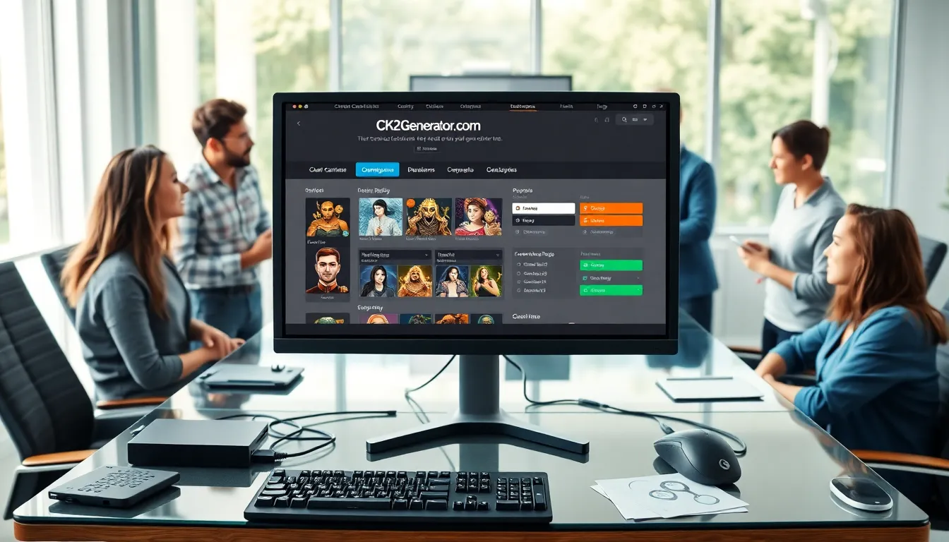 people collaborating around a computer showcasing Ck2Generator.com.