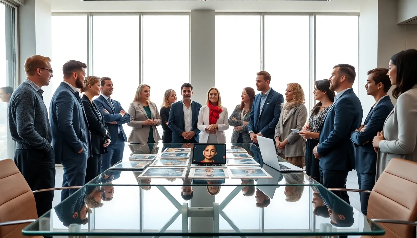 diverse professionals discussing cultural expressions in a modern setting.