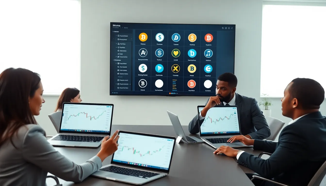 diverse professionals discussing cryptocurrency in a modern office.