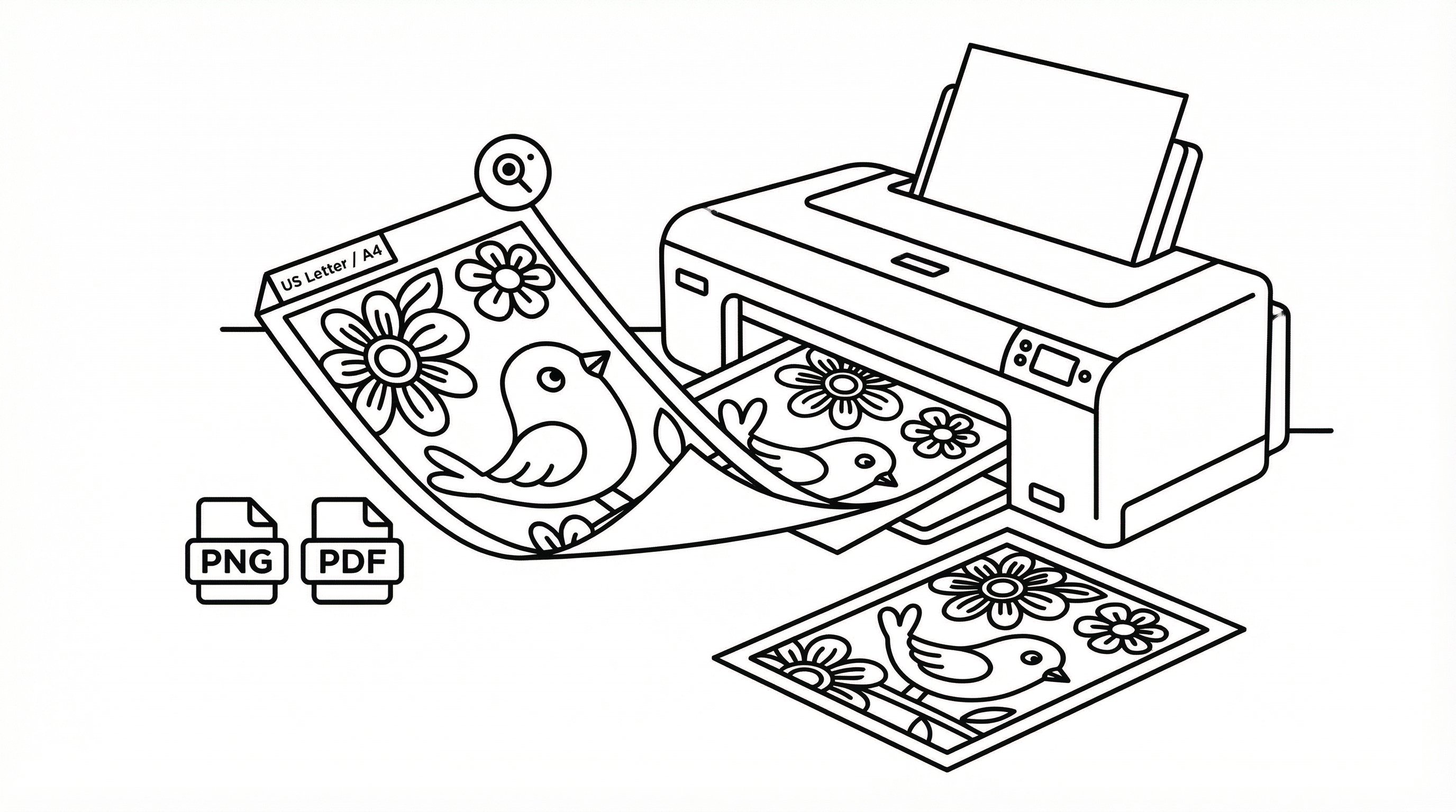 Printable coloring page with PNG, PDF, and test print icons.
