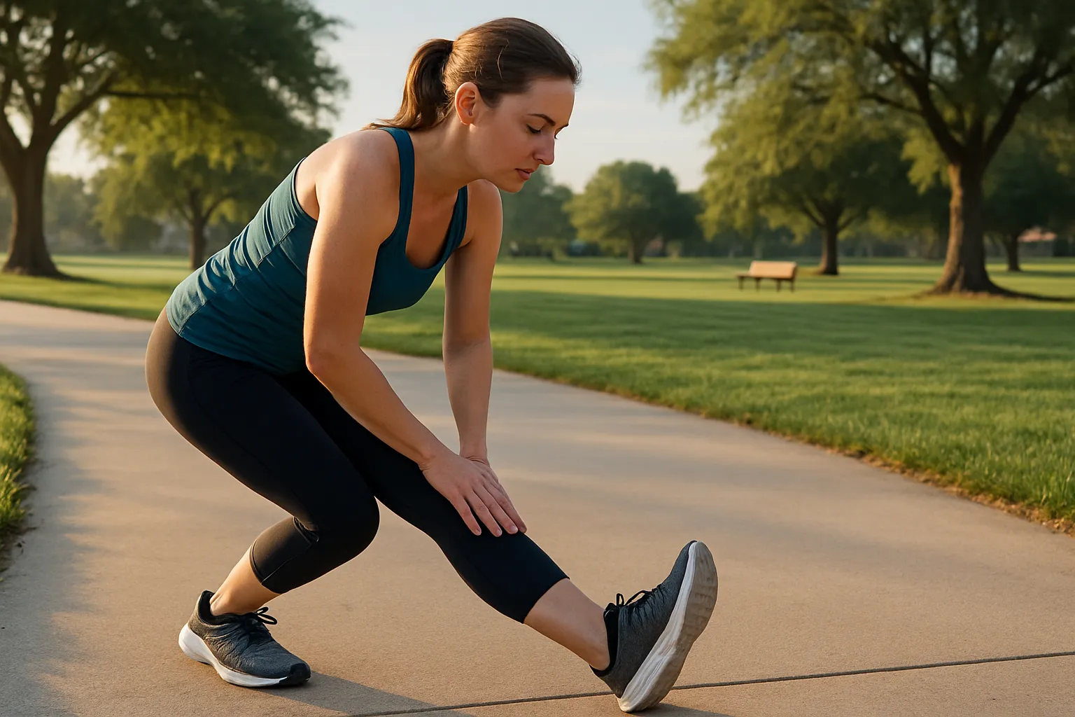 Best Standing Stretches To Improve Flexibility And Support Recovery Woman Performing A Standing Hamstring Stretch In A Sunny Park.