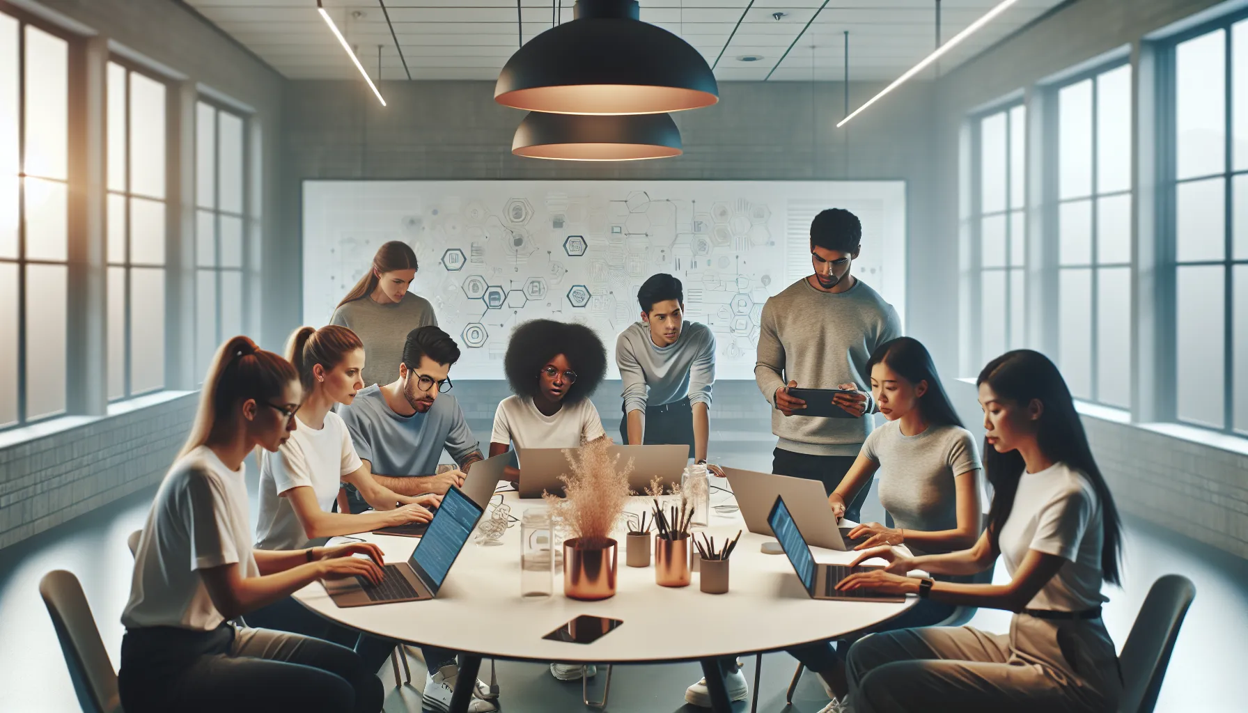 diverse team collaborating on a game project in a modern office.
