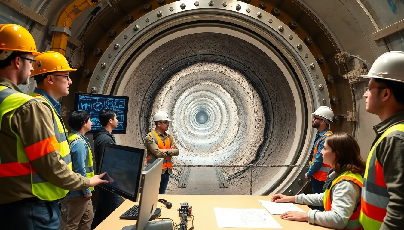 engineers working on a tunnel boring machine in an urban setting.