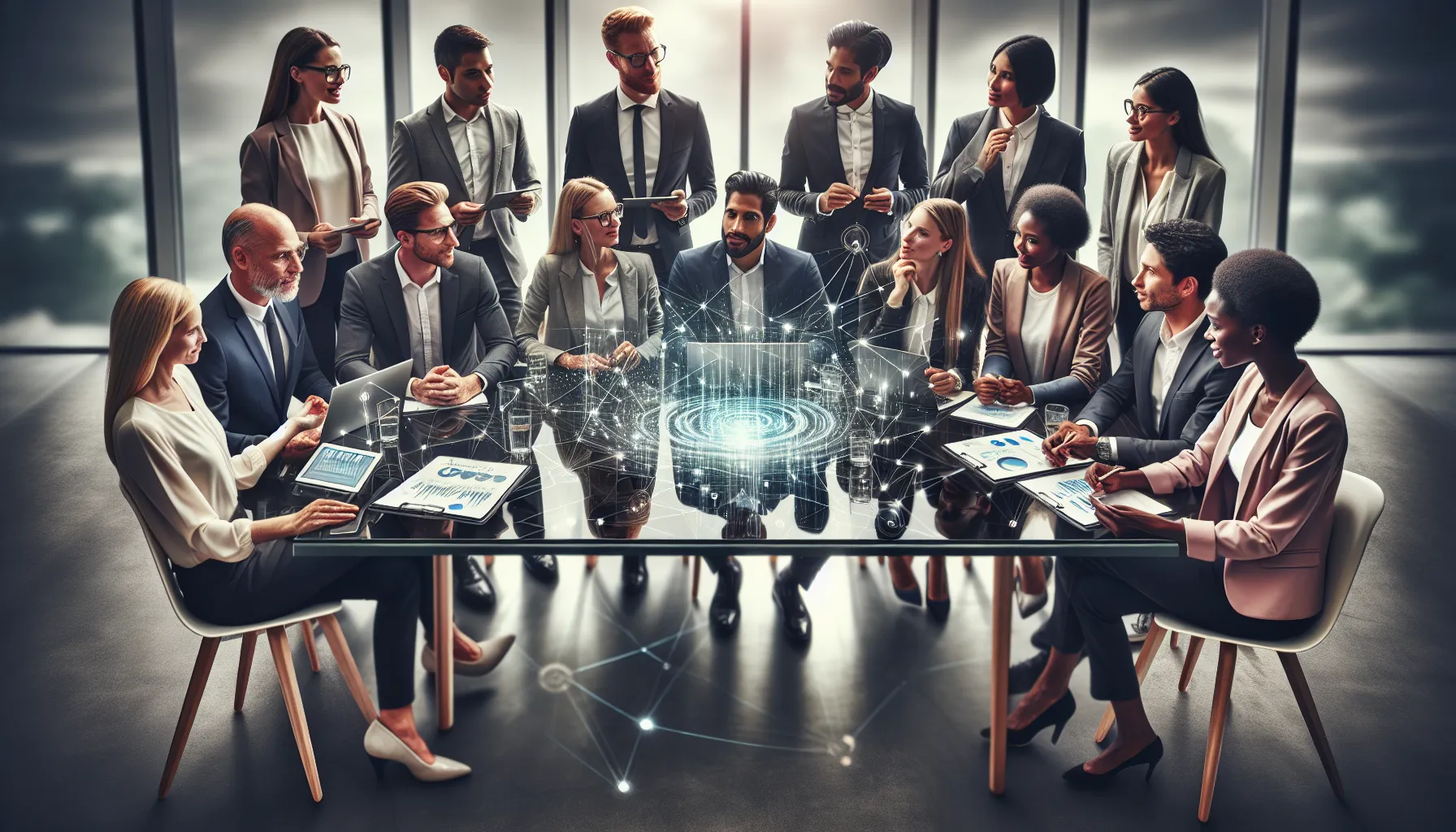 diverse professionals discussing digital innovation in a modern office.