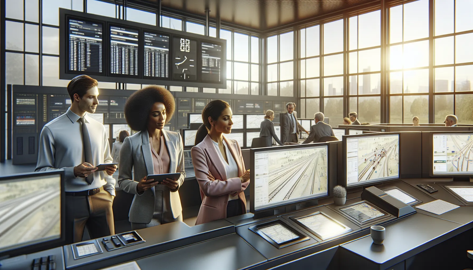 train scheduling team collaborating in a modern control room.