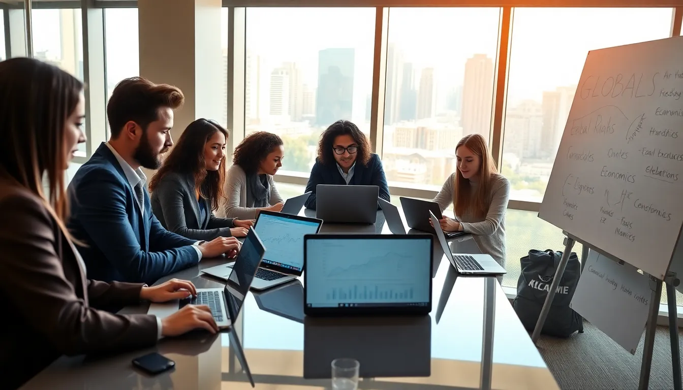 diverse students studying global affairs in a modern university setting.