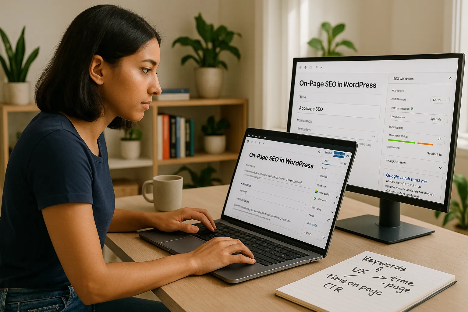 Marketer optimizes a WordPress page’s on-page SEO while viewing Google search results.