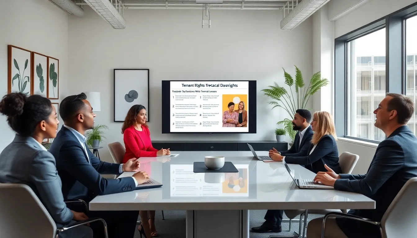 diverse professionals discussing tenant rights in a modern office.