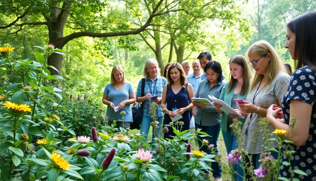 diverse group studying Georgia native plants in a natural setting.