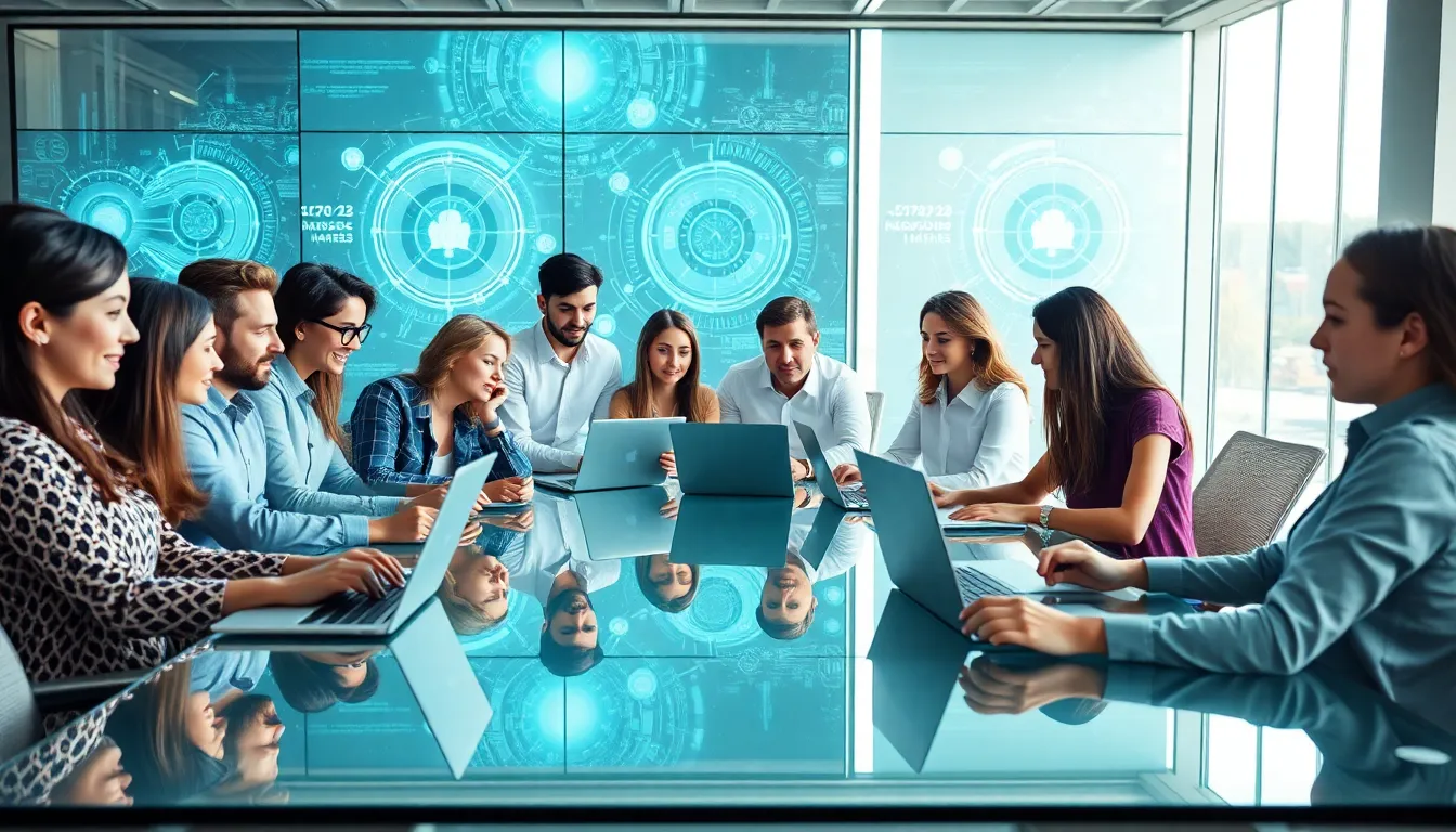 diverse team collaborating in a modern office on digital communication.