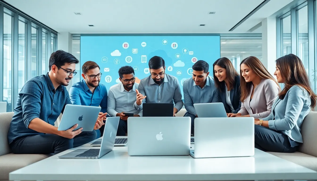 diverse team collaborating on SaaS solutions in a modern office.