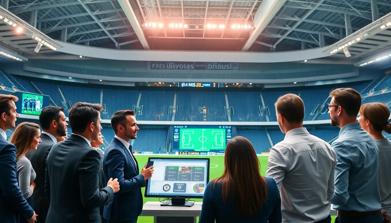 professionals analyzing football stats in a modern meeting space.
