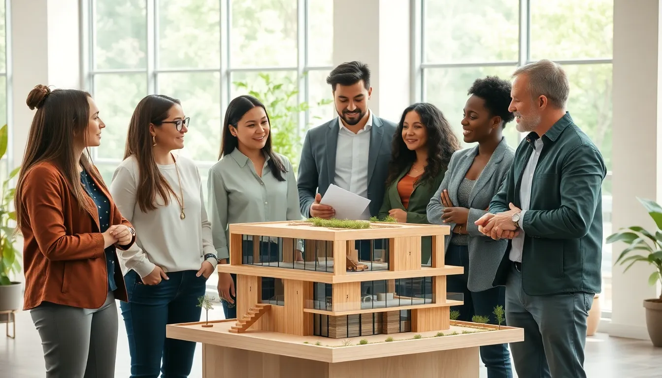 diverse team discussing an eco-friendly building model in a modern office.
