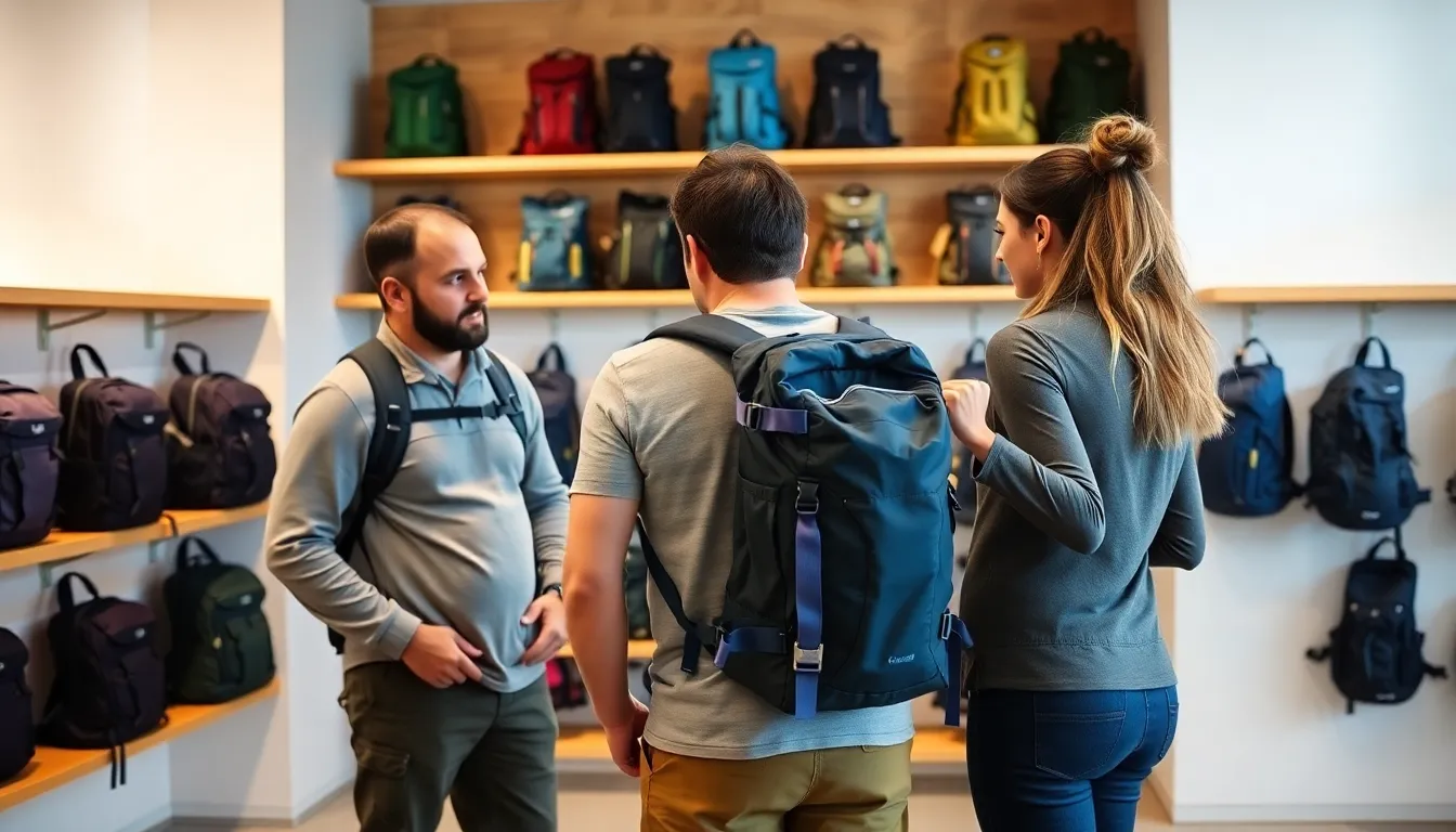 diverse group selecting backpacks in a modern outdoor gear shop.