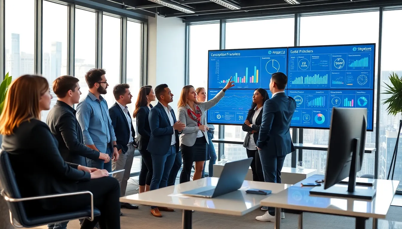 IT professionals collaborating in a modern workspace on data management solutions.