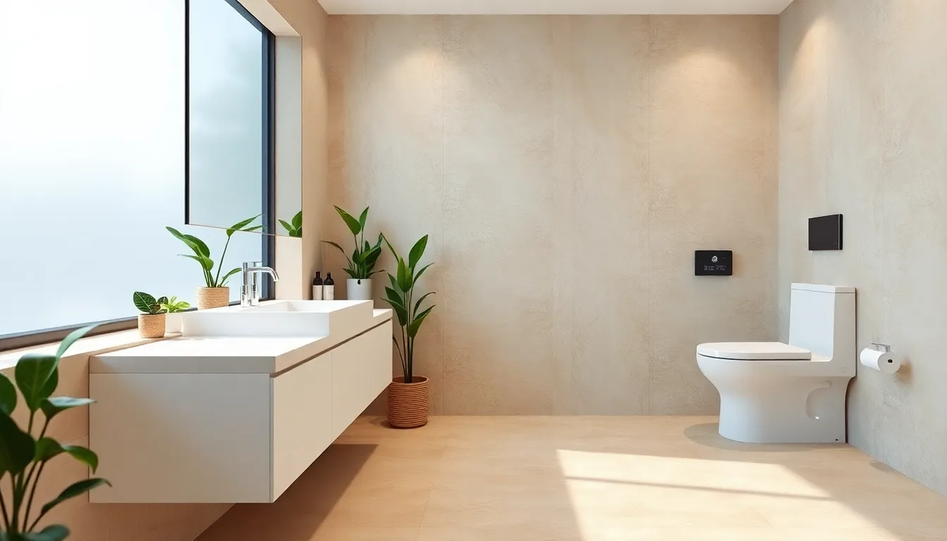 modern minimalist bathroom with greenery and smart technology elements.