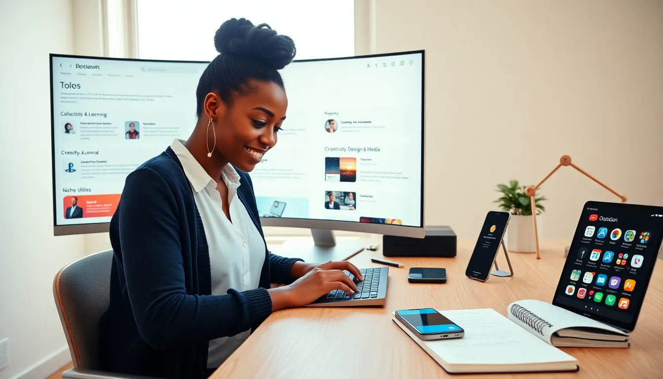 Person at desk pointing to a monitor showing categorized bookmarked websites.