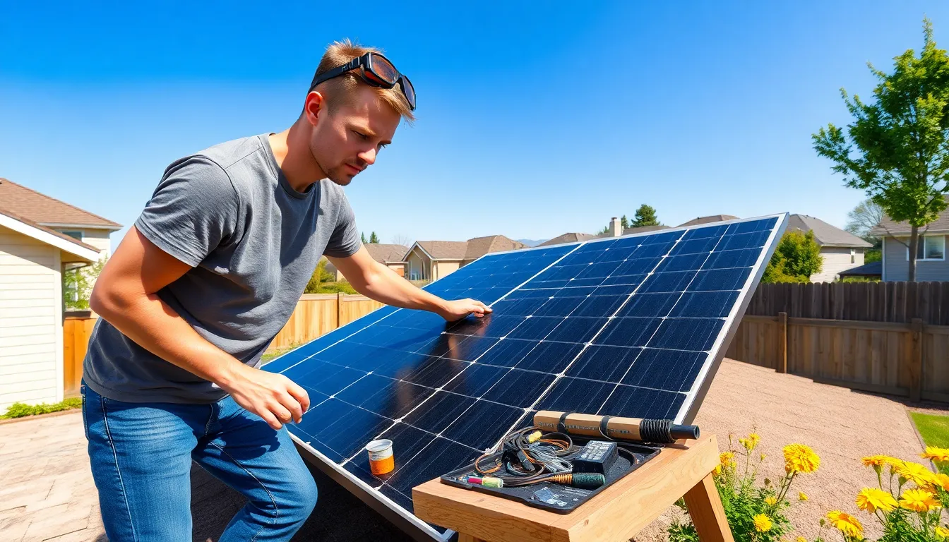 A young man assembling solar panels on his rooftop in a suburban backyard.