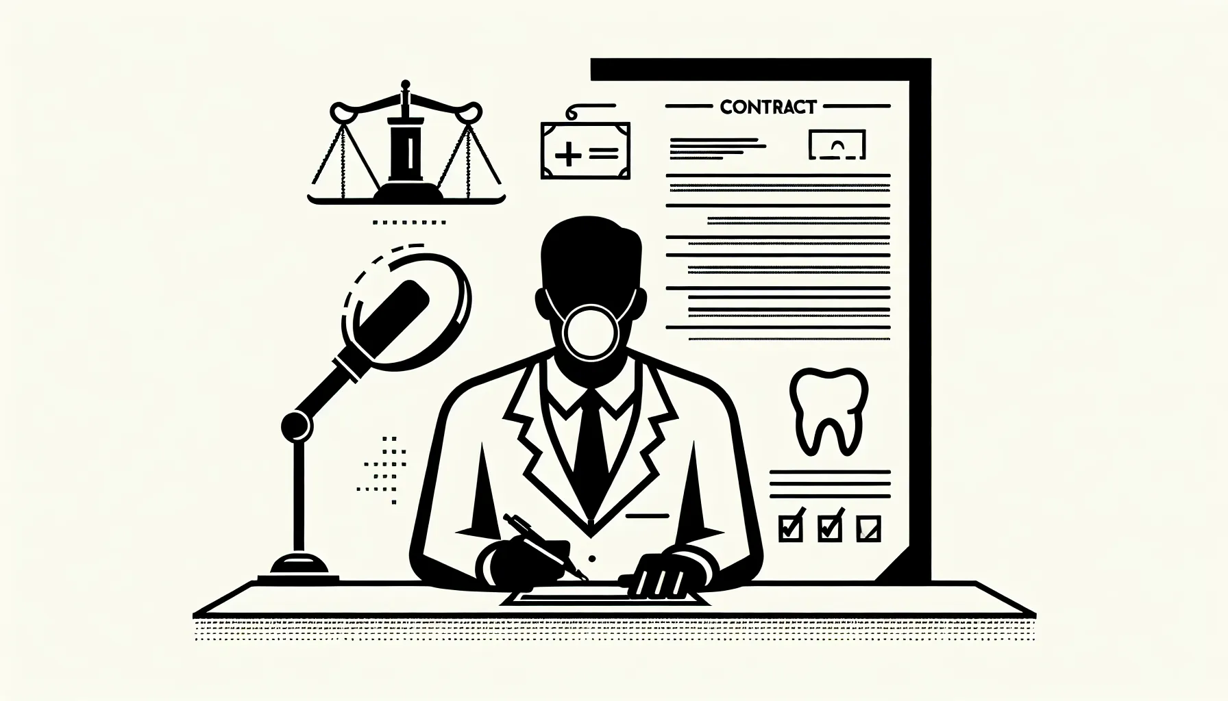 Dental associate examining a contract with Indiana outline and legal/dental icons.