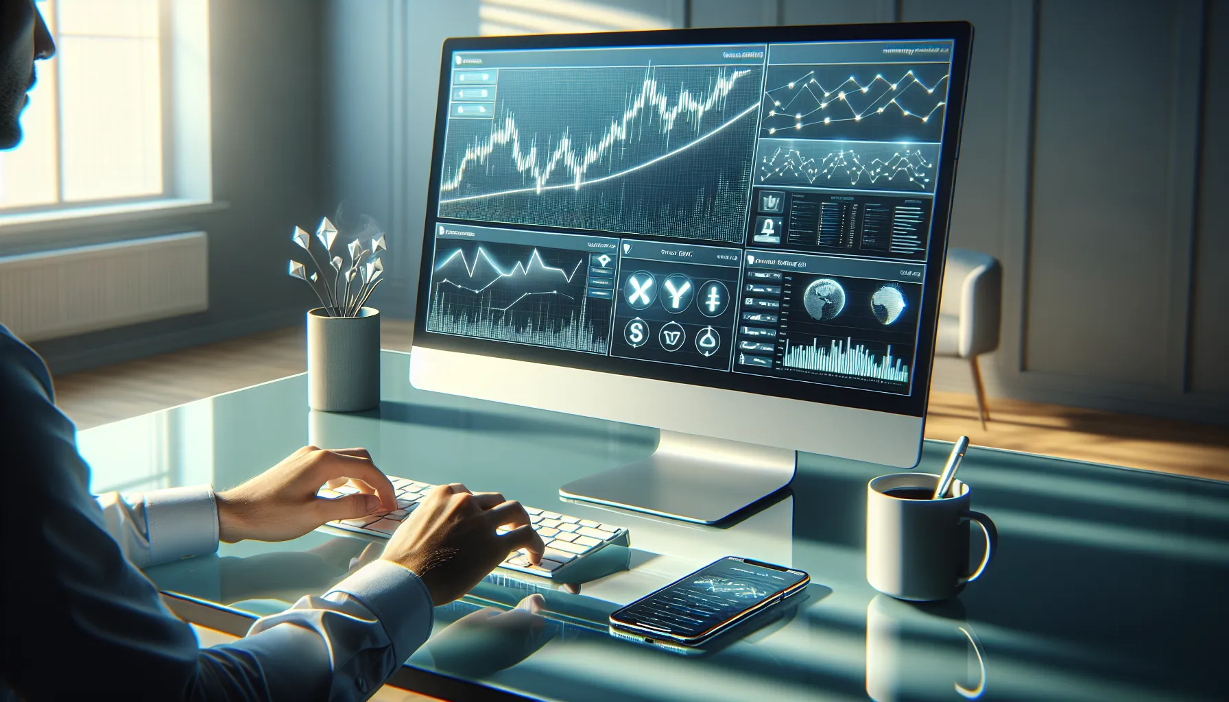 Professional trader using Pionex cryptocurrency exchange with trading bots on desktop monitor.