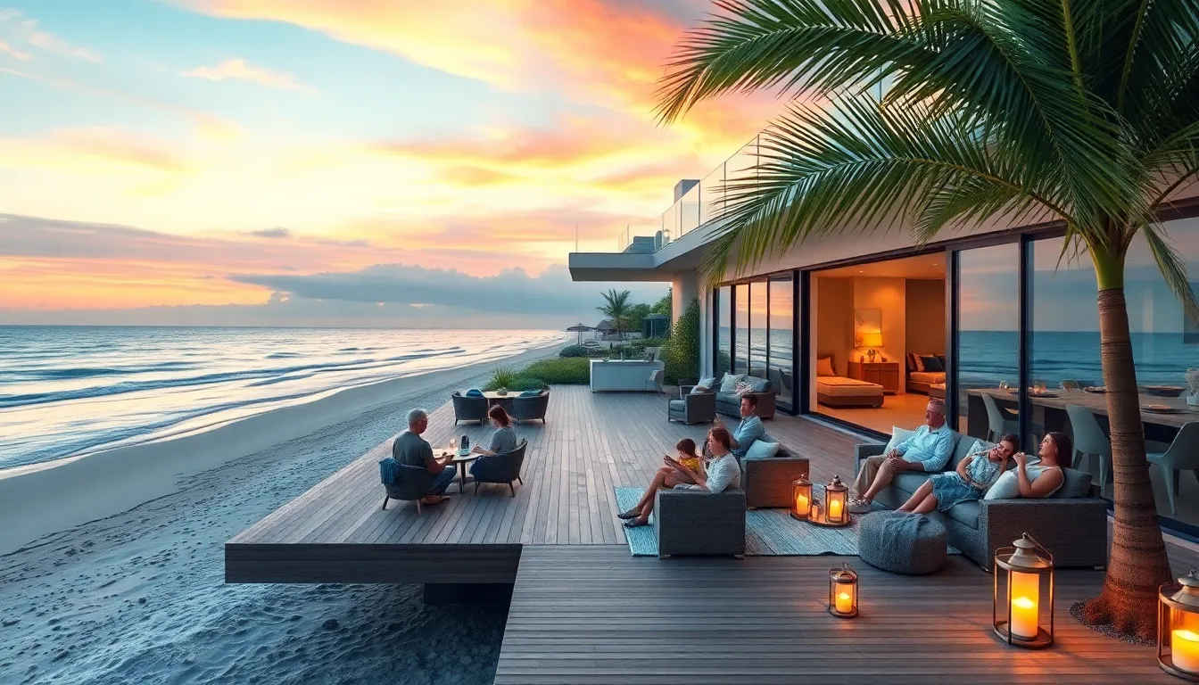 Modern beach front house with family enjoying the sunset.