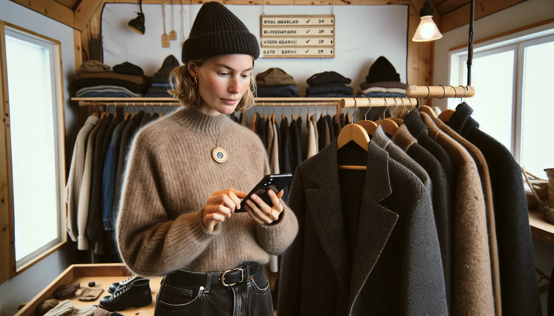 Norwegian shopper inspects a vintage wool coat in a thrift store.