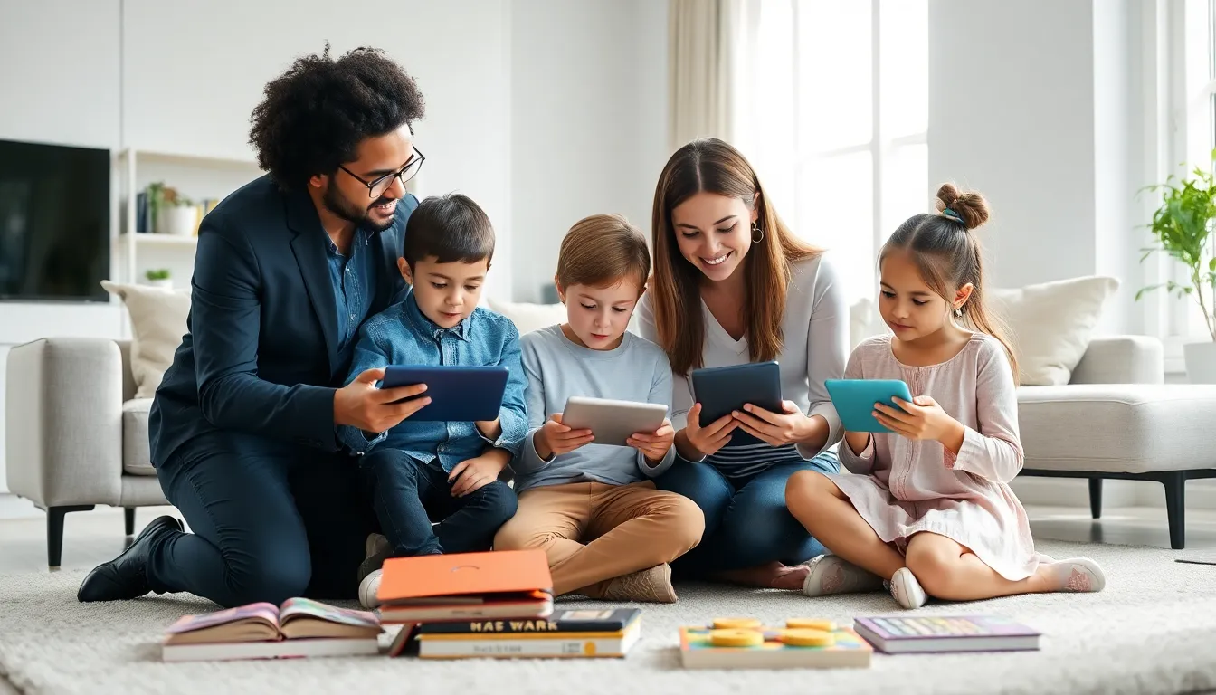 Family discussing digital technology in a modern living room.