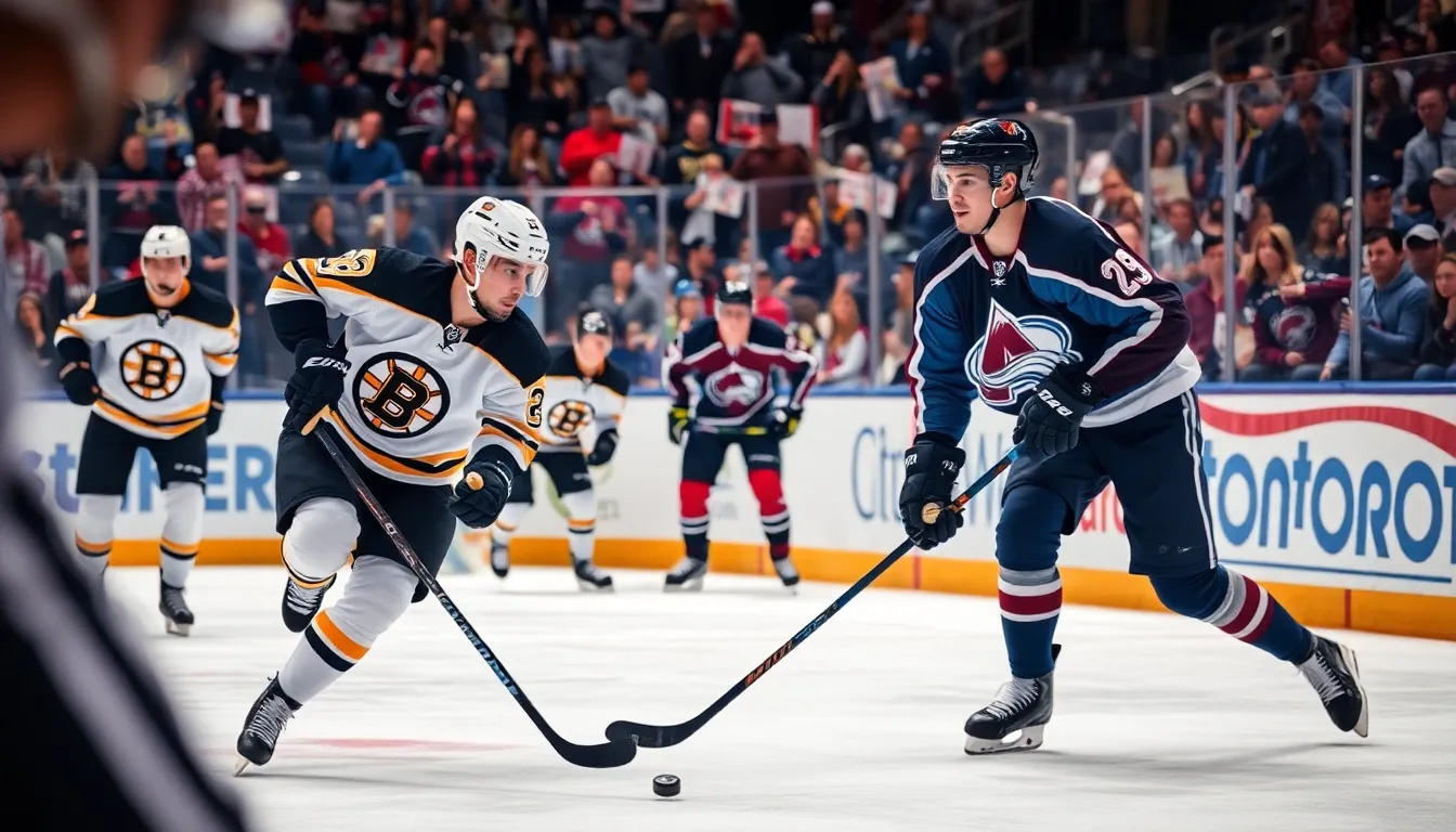 hockey players competing on the ice with fans in the background.