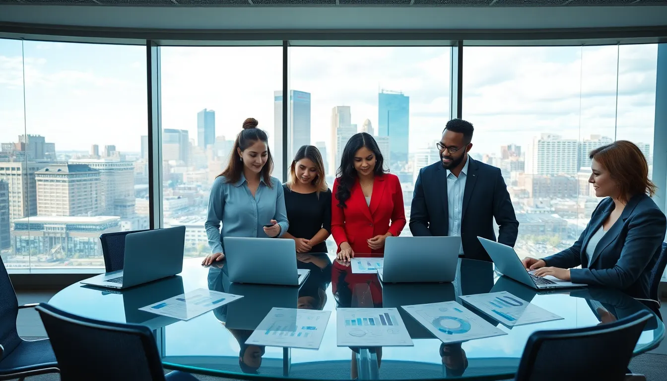 professionals collaborating in a modern biotech office in Boston.