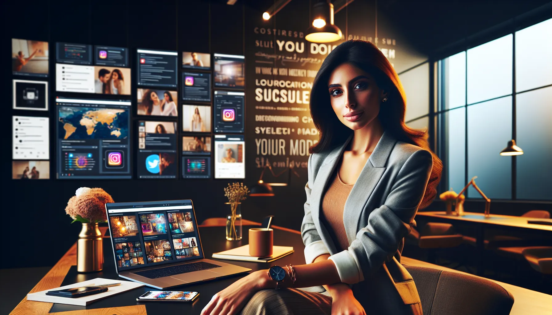 young woman in a modern workspace focused on social media platforms.