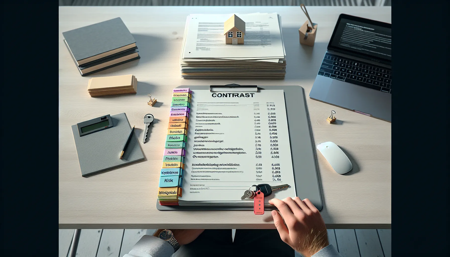 Hva er de vanligste juridiske utfordringene ved boligkjøp? 3 Buyer signs norwegian home contract with keys, registry, and co-op rules.