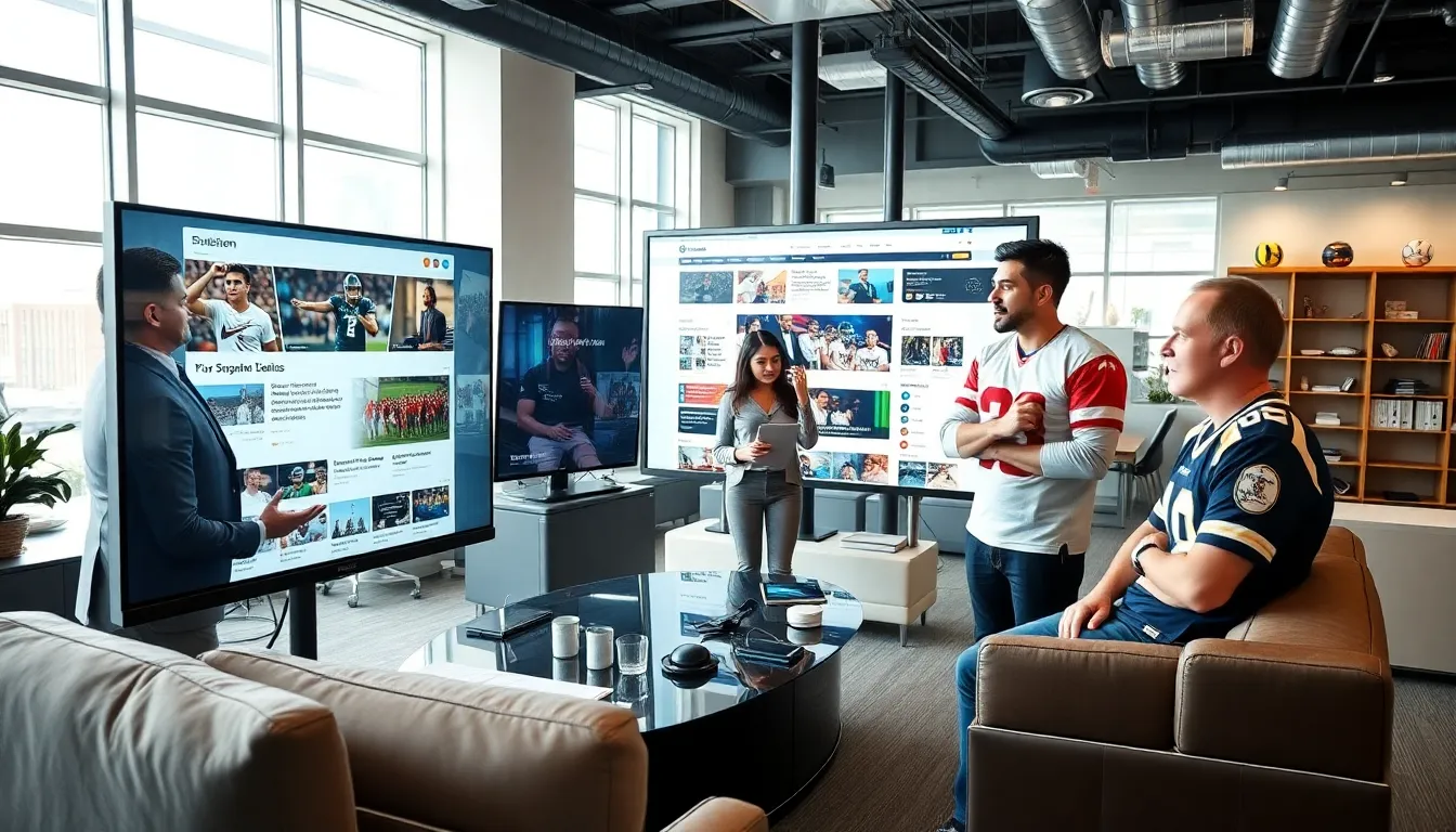 sports analysts discussing updates in a modern newsroom.